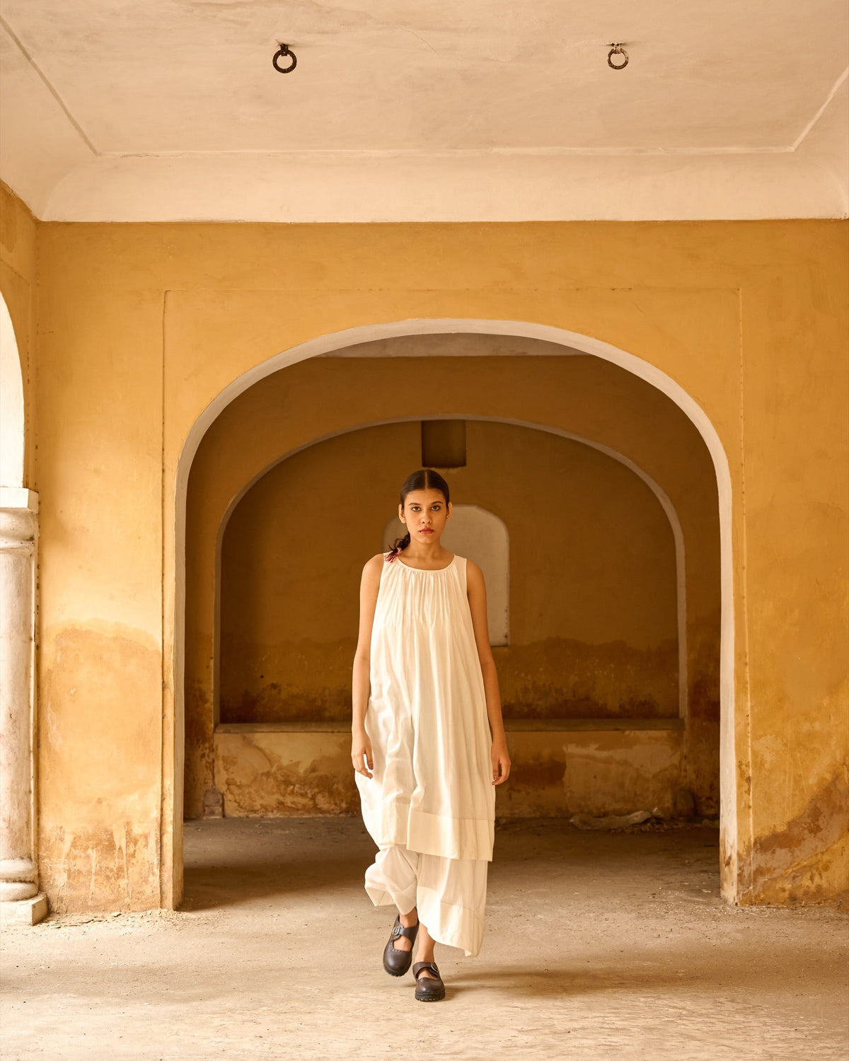 White Double Layered Gathered Dress